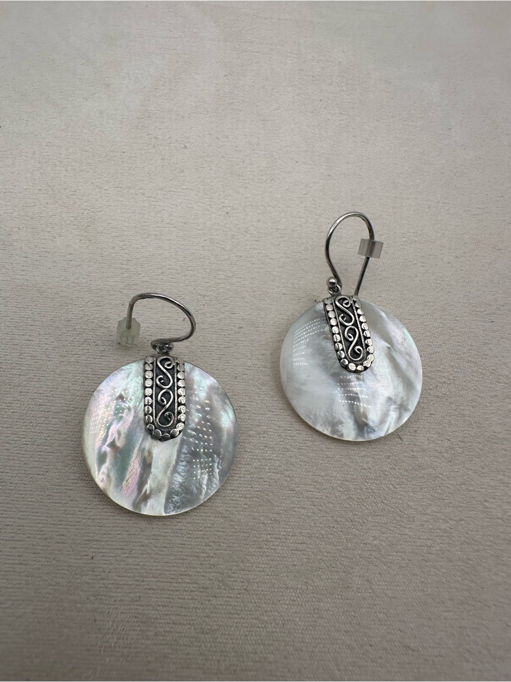 925 Sterling Silver Mother of Pearl Nacre Disc Dangle Earrings